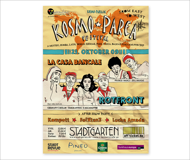 Plakat fr das Weltmusik-Festival Kosmoparea in Kln.  Gestaltet von Michael Marks.