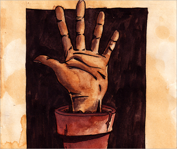 Hand in Topf. Einmal tglich gieen. Kaffee und Aquarell.